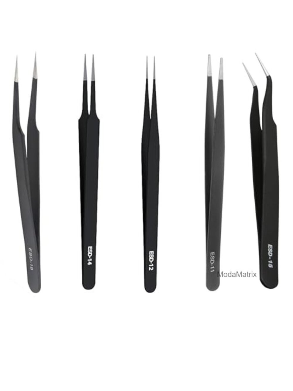 5-Piece Precision Tweezers Set ESD Anti-Static Pointed Slant Angled Tips with
